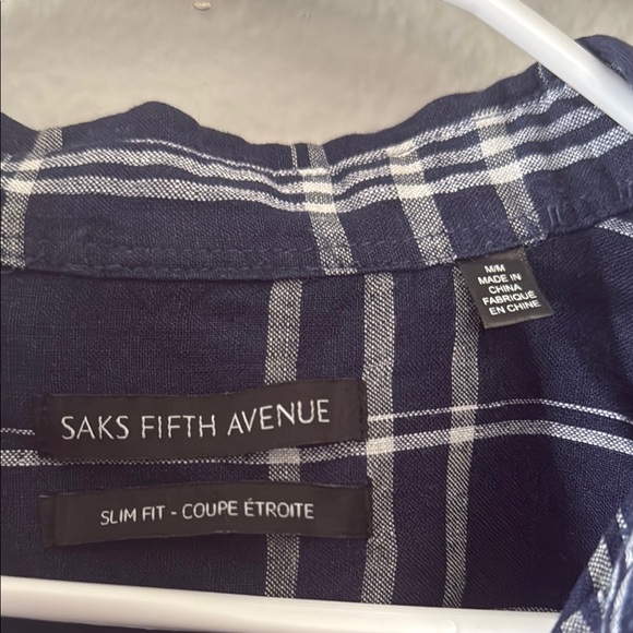Saks Fifth Avenue Blue and White Plaid Casual Shirt 💯 linen - Picture 2 of 7